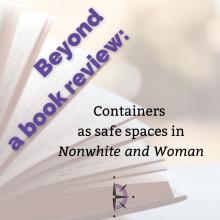 beyond a book review_containers as safe spaces in nonwhite and woman, purple text over lightened image of an open book