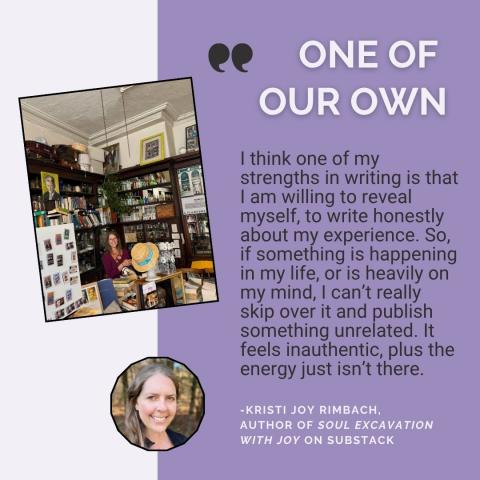 graphic with two photos of Rimbach plus a quote from her post under the header One of Our Own, via Canva