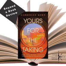 cover of Yours for the taking over photo of an open book with black bookmark badge that says beyond a book review via Canva