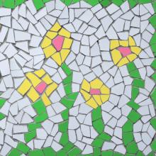 mosaic of white yellow pink and green tiles that make a design of multiple flowers via canva